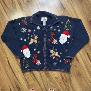 Vtg Tiara Christmas Sweater Sz M Full‎ Zip Cardigan Santa Reindeer Gifts Tree